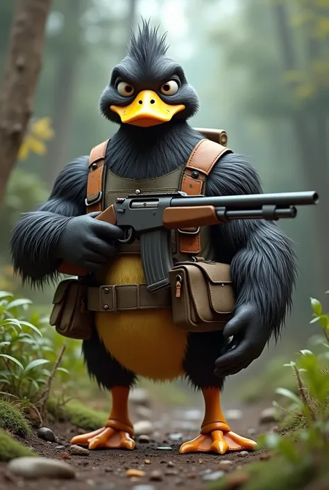 Create 3D ,  duck with a strong mans body,Hunting with a gun , with a serious face 