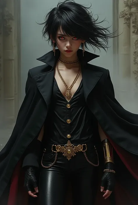  a boy with long black hair , wearing tight and provocative black clothes, With a mischievous look ,  on his shoulders he wears a coat and his eyes are red,  wears effeminate gold accessories .