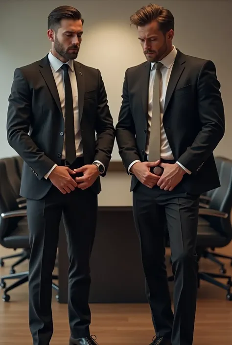 In the conference room，young handsome Italian man，A male German executive with charming charm ， irresistibly sexy 。but，Mens crotch testicles hurt a lot， man grabs the crotch with both hands，Hold the testicles on the crotch with both hands 。Black suit，Black...