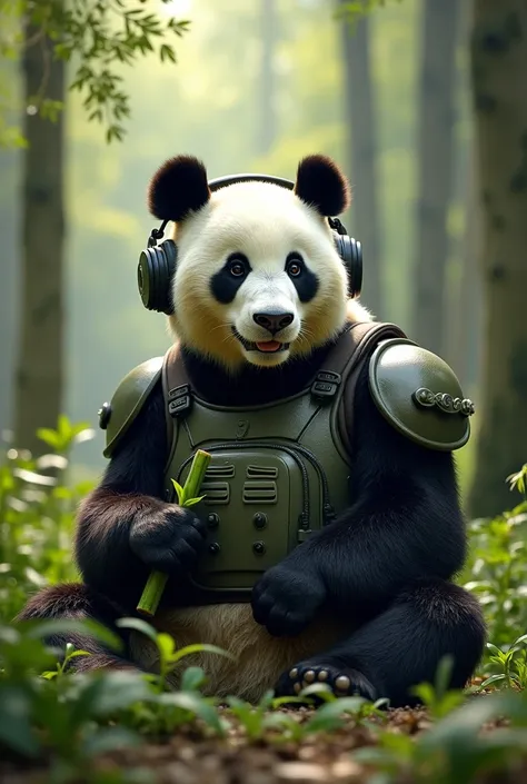 Panda bear wearing armoured vest and listening to music with headphones on while sitting eating bamboo in a forest during the day