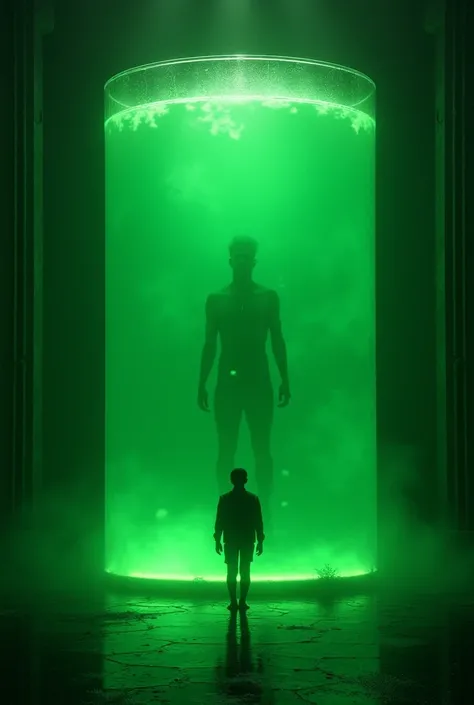 A giant fat tube with a green liquid with the silhouette of a person inside but not possible to see it even through