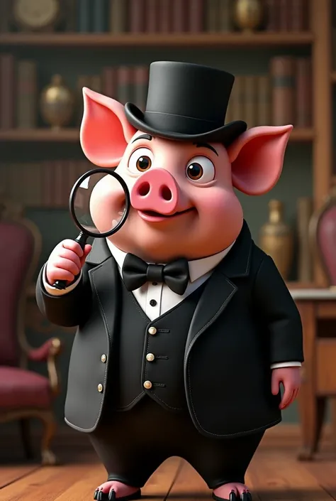 Animated piggy dressed in an elegant black suit for men and with a hat, looking with a magnifying glass 