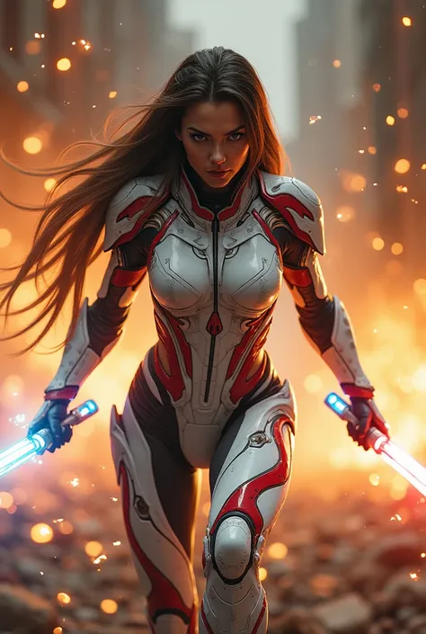 A futuristic female warrior in a dynamic crouching pose, wielding twin glowing energy blades. She is adorned in intricate white and red cybernetic armor with glowing blue accents. Her long, straight hair flows behind her, and her expression is fierce and d...