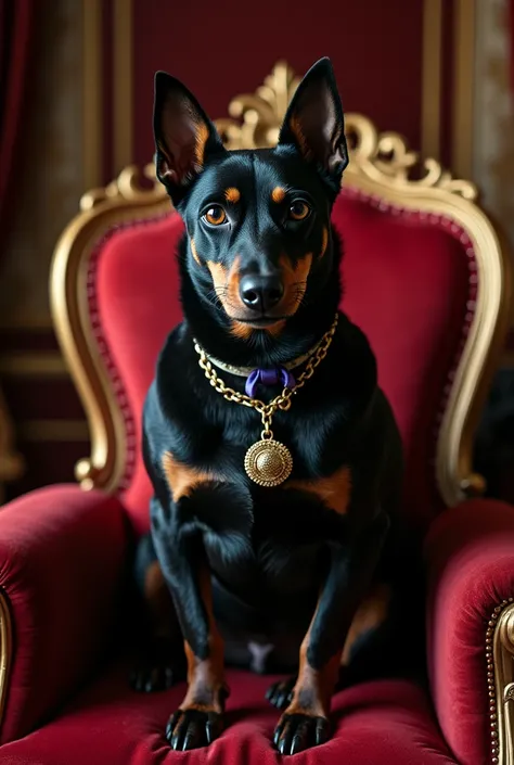 A photo of my pet Pincher dog completely black and fat as a Victorian queen