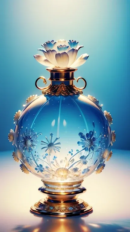  beautiful perfume bottle　 greatest masterpiece　 High Quality 　High Precision　White silhouette 、 white background　There are lots of blue and yellow chrysanthemum petals scattered　、Bright lighting　container design 、 delicate design 　A masterpiece 