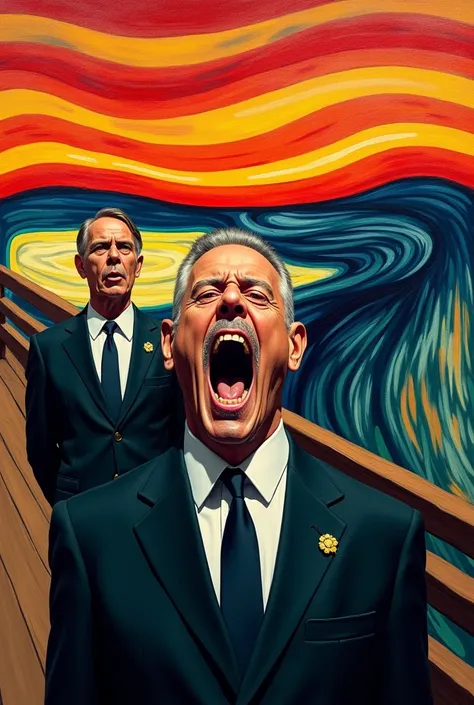 Do the play The Scream by Edvard Munch but with President Lula shouting and Bolsonaro in the back 