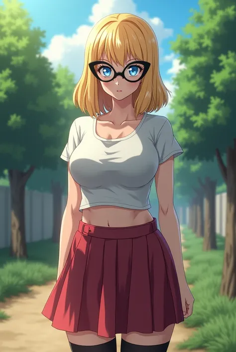 screenshot of my hero academia, light blonde hair,  bright blue eyes, (((oversized cat-eye glasses))), T-shirt revealing her slim and curvy waist, slim with huge breasts, ((huge sexy breasts)), outdoors, with his cold gaze, wears a skirt and her stockings ...