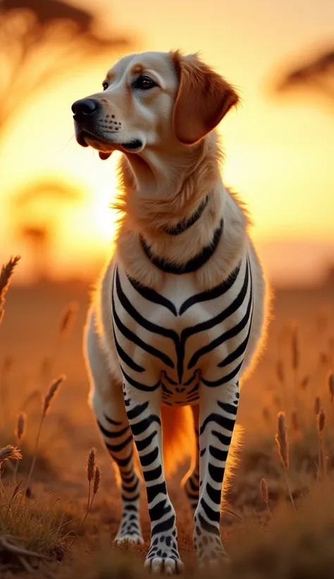 A fantastical fusion of a dog and a zebra into a single creature. The hybrid animal has the face and floppy ears of a golden retriever with its fur striped in black and white like a zebras coat. The body is a seamless blend of a dogs agile frame with zebra...