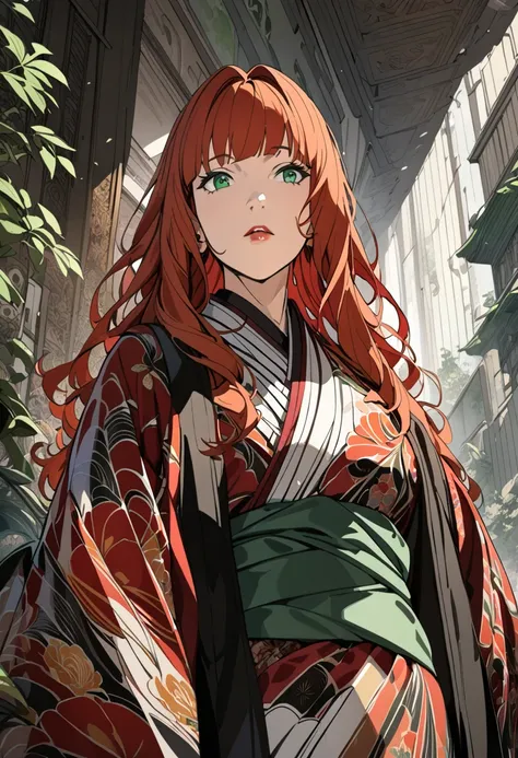 a woman with long red wavy hair and bangs, green eyes, walking and wearing a wide floral kimono with a sash at the waist, full body art, (best quality,4k,8k,highres,masterpiece:1.2),ultra-detailed,detailed eyes,detailed lips,detailed face,longeyelashes,bea...