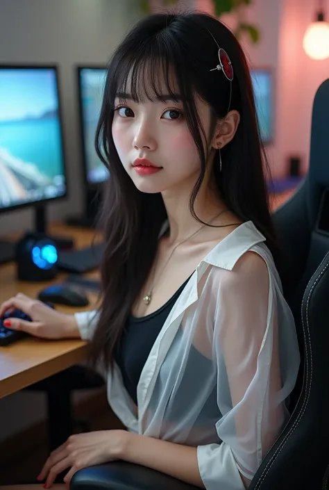 (8k, RAW photo:1.2), (korean woman:1.5), 30 y.o, detailed face and eyes, bright light, high quality, high resolution, very detailed, ((unbuttoned white transparent collared shirt with black tanktop on the inside)), long straight hair, flat bangs, short pen...