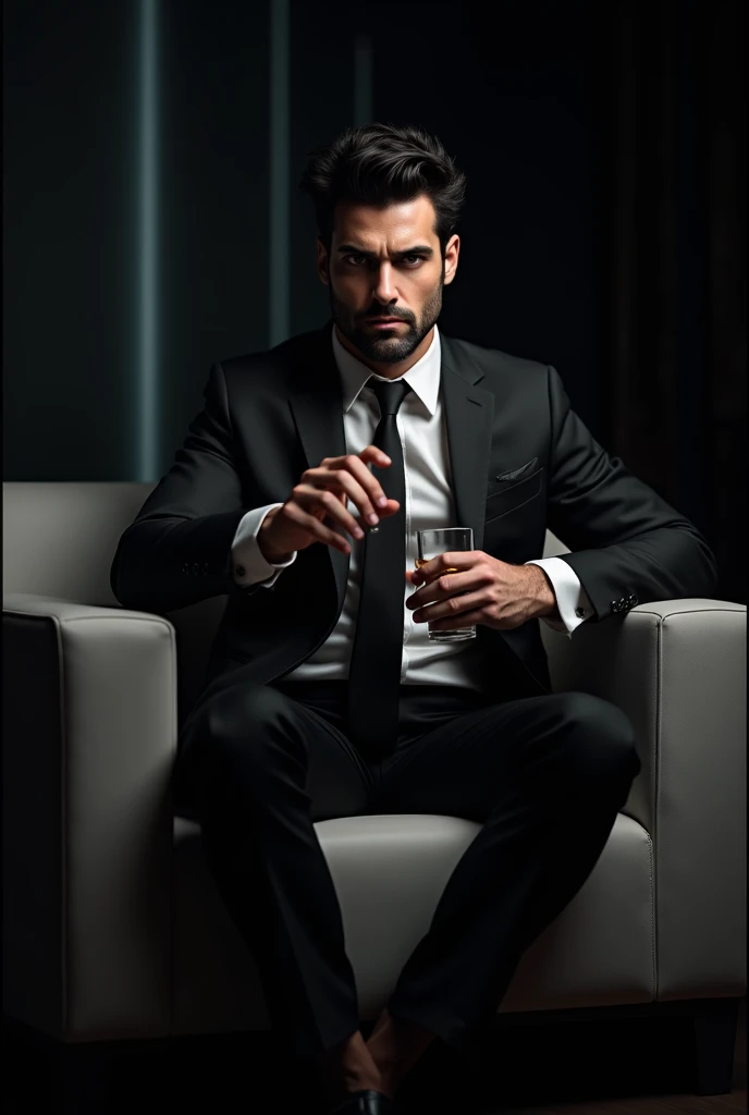  a handsome man with black hair with black eyes and who wears a business suit and who is sitting on a sofa with a glass of whiskey in his hand with an expression of seriousness and anger, Let the eyes shine and with a black background with some gray LED li...