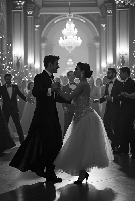 A black and white photo of a Christmas dance party during the Belle Epoque. In the photo, some red details stand out 