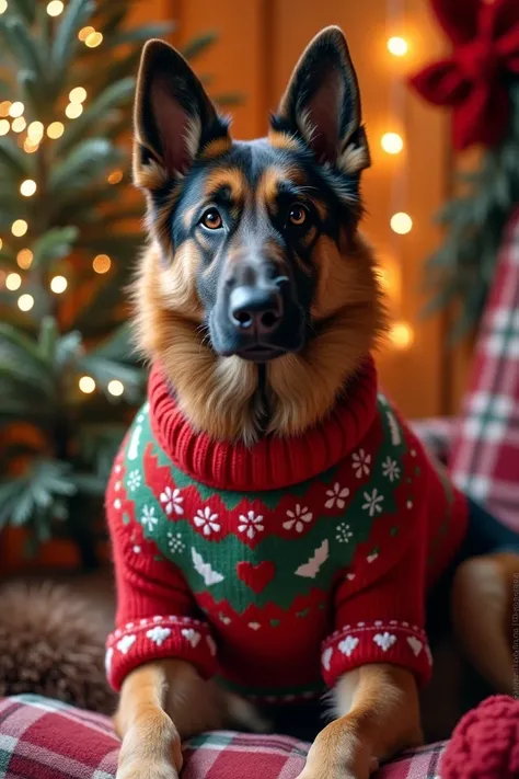 German shepherd dog with Christmas clothes and Christmas background