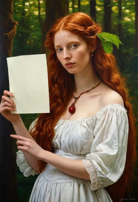 oil painting of a woman with long hair holding a piece of paper, auburn-haired maiden, inspired by Hans Baldung, red-haired woman, pale woman, portrait of a dryad, long ginger hair, waist-length red hair, realistic woman oil painting, of a woman, portrait ...