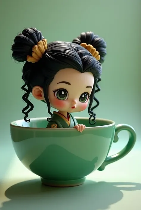 Baby chibi wearing black geisha long rope sitting in the jade teacup, black green rockabilly hair, victory rolls and 2 buns, long curly volume wavy hair