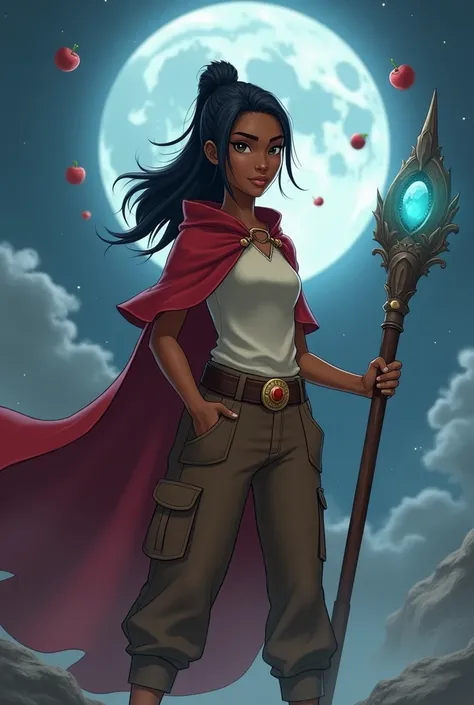 Moonlight, She looks like Korra from Avatar shes black ,  her hair is the same as Korras she wears a red cape,  she wears brown pants with pockets and a blouse like Korras,  she wears a brown staff with a blue stone ,  she regenerates herself by eating app...