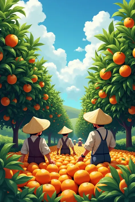 Horizontal composition，Top view，Many farmers pick oranges，Wearing a straw hat