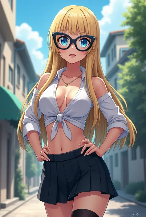 screenshot of my hero academia, light blonde hair,  bright blue eyes, (((oversized cat-eye glasses))), The shirt tied at the waist revealing her slim and curvy waist, slim with huge breasts, ((huge sexy breasts)), outdoors, wears a skirt and her stockings ...