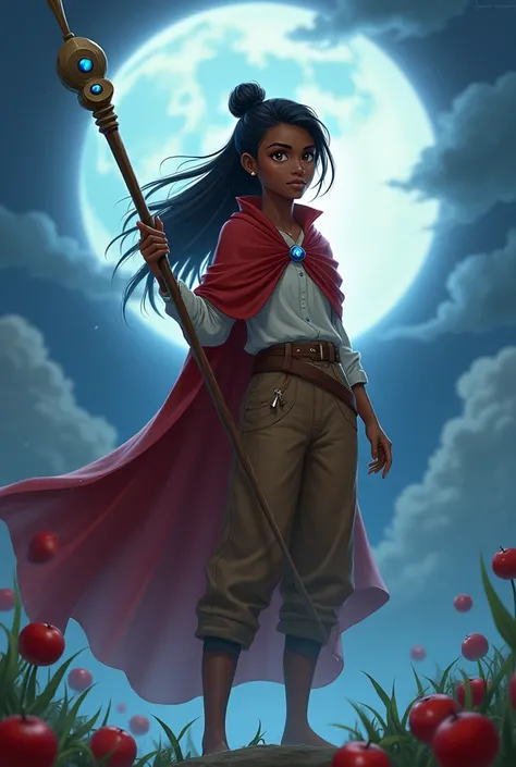 Moonlight, She looks like Korra from Avatar shes black ,  her hair is the same as Korras she wears a red cape,  she wears brown pants with pockets and a blouse like Korras,  she wears a brown staff with a blue stone ,  she regenerates herself by eating app...