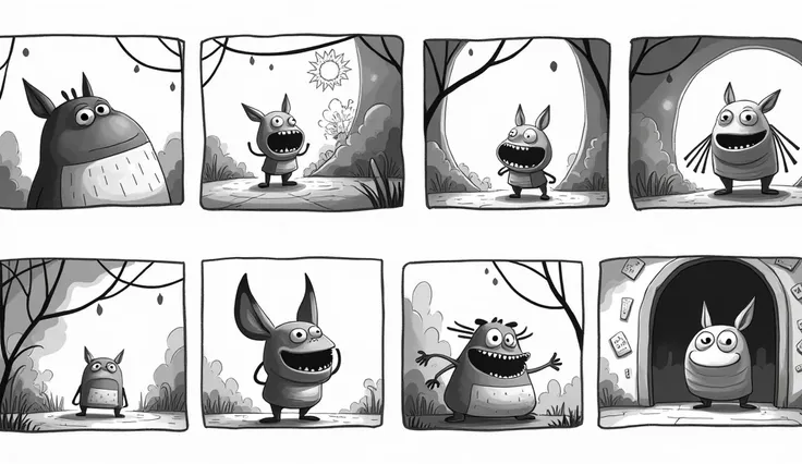 vignettes for cartoon, horizontal sheet, nine vignettes, Black and whithe.