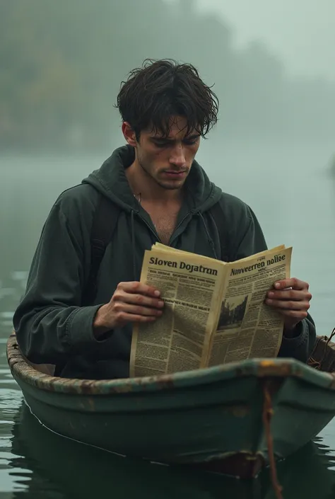 a young man in a boat denying the situation picking up a newspaper and shedding tears