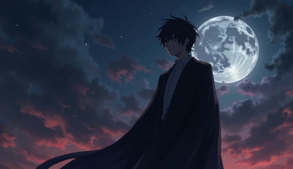 make a wallpaper for a laptop where you can see k drama hero character but in anime version with dark theme and full background where you can see other characters too, create the main lead of full body and big back ground