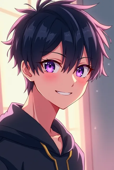 17-year-old male anime characters with purple eyes, black hair and smiling 
