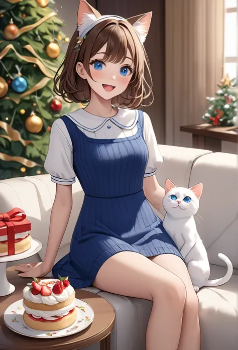 masterpiece,  best quality,  very detailed, Thin legs、 beautiful detail, Depth, Fine texture, Fine skin,  very cute girl、Alone、Happy smile、blush, open mouth、 deep blue eyes, Brown Hair,  medium hair、, slender、Short Sleeves, white rib knit dress 、Cat ears、 ...