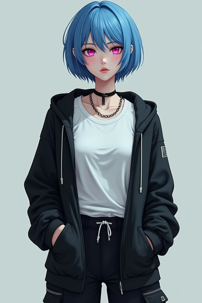 a pale woman, with hot pink eyes and short blue hair ,  wearing a white t-shirt black pants with several pockets and a hoodie