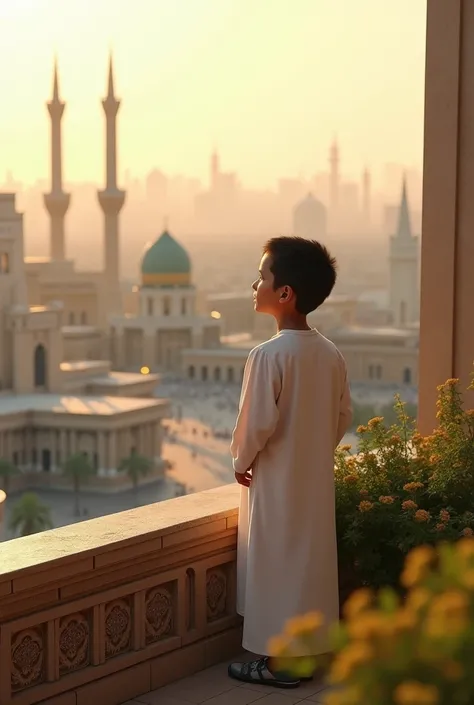 Beautiful Muslim boy see makka side a high building 