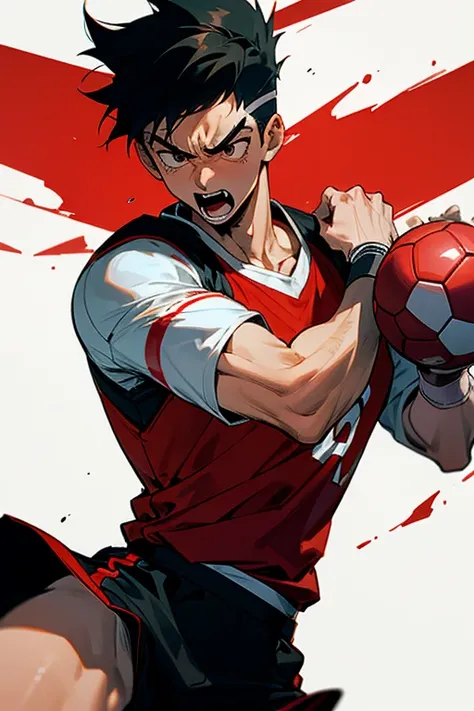 a soccer player like hanamichi from slam dunk, wearing a red jersey with white sleeves, black shorts with a soccer ball in his hands angry like always, manga style