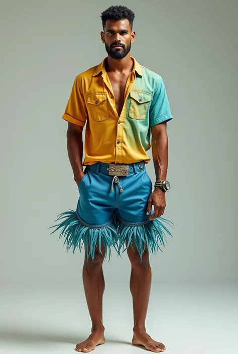  Generate a costume for men with the theme of the carnival in Brazil, considering that this one should not be as flashy,that has feathers,sequins and vibrant colors , this must contrast with the costumes of the women they wear at carnivals,Let him be the b...