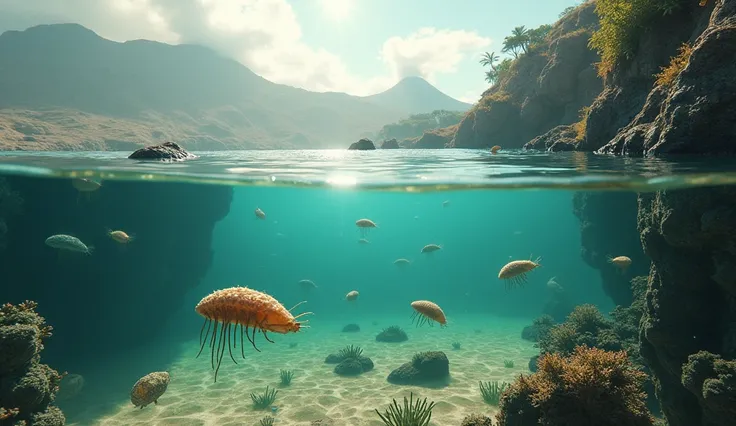 " A primal setting of the Earth ,  portraying the first forms of animal life emerging in an aquatic environment .  Small marine creatures , like trilobites and jellyfish ,  swim in the crystal clear waters of a shallow ocean . In the background,  we see sp...