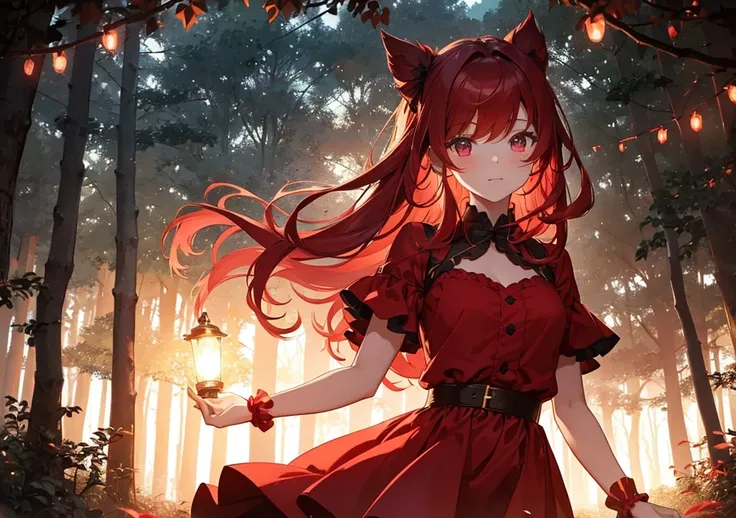 A girl with beautiful scarlet red hair swaying in the light of a lamp in the forest at night. She has a gold ribbon in her hair and is wearing a fluffy red dress. It has a magical and fantastical atmosphere