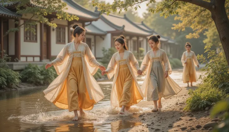 Tang Dynasty，The camera moves slowly，A group of girls and boys play by a small river at the head of the village，the girl is wearing Hanfu，男孩穿着round-neck robe， the sun shines on them 。