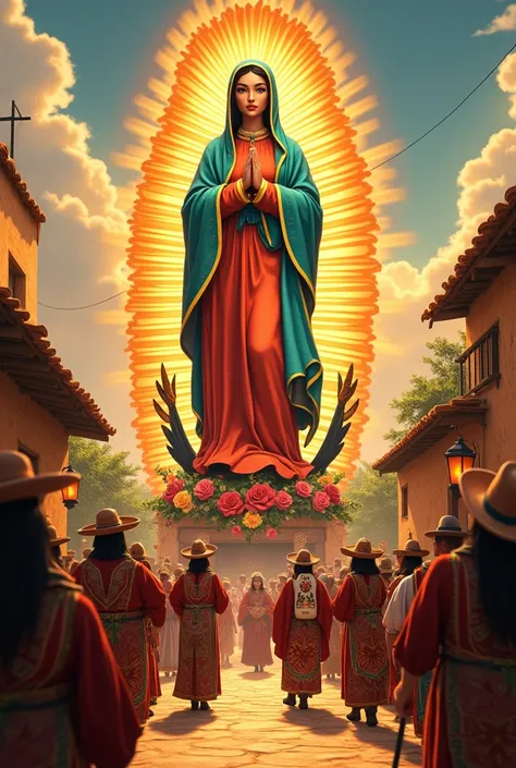 An animated depiction of the Virgin of Guadalupe, radiating a divine golden aura, surrounded by vibrant multicolored roses blooming in rich detail. In front of her stands a group of traditional matachines in intricate, colorful costumes adorned with feathe...