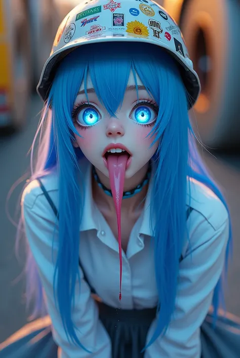 Create a  girl, With blue eyes neon , normal teeth,  blue hair, very long tongue,  neon blue lips, urinating through the vagina,  workers helmet full of stickers,  white shirt , gray skirt, wears the anime style 