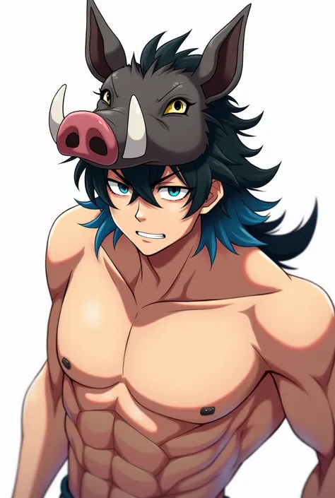 A half body high angle shot of a man, he has no shirt on, is muscular, he has black hair with blue tips that end at his shoulders. On top of his head is a Wild boar head, that si made to be a hat. He has an annoyed expression while looking at the camera. D...