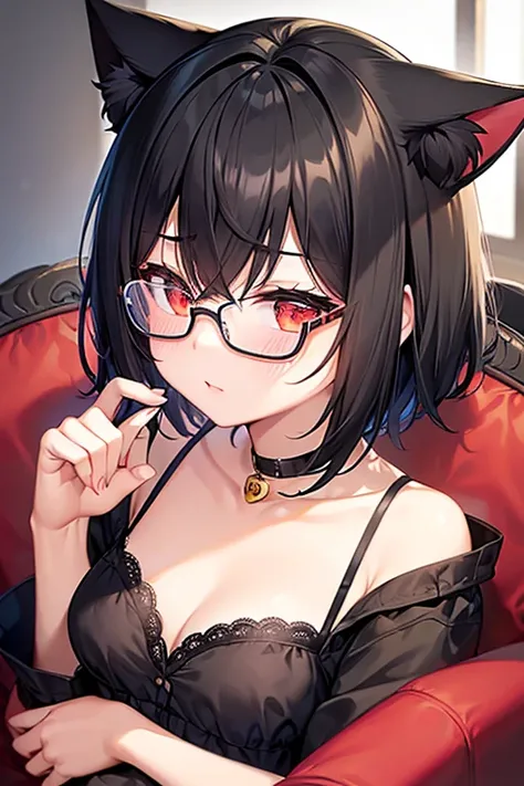  short stature 、Black Hair 、 short hair 、Glasses、lingerie、Cat ears、Cat tail、  is embarrassing、blush、 cute、Red Eye、living 、sofa、Best Quality, masterpiece,  High image quality,  high resolution on down,  anatomically correct, accurate, solo, 