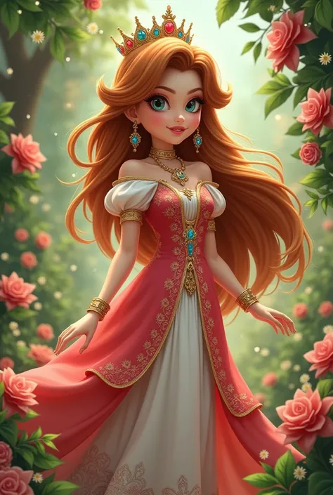 Draw Nintendos princess Daisy with brown hair and a Persian dress