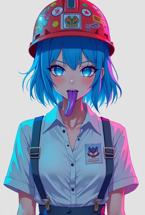 Create a  girl, With blue eyes neon , normal teeth,  blue hair, very long tongue,  neon blue lips, show vagina,  workers helmet full of stickers,  white shirt , gray skirt, wears the anime style 