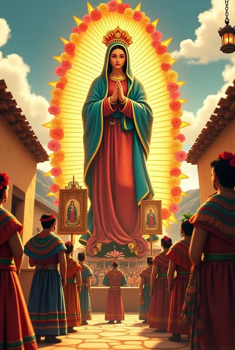 An animated depiction of the Virgin of Guadalupe, radiating a divine golden aura, surrounded by vibrant multicolored roses blooming in rich detail. In front of her stands a group of traditional matachines in intricate, colorful costumes adorned with feathe...