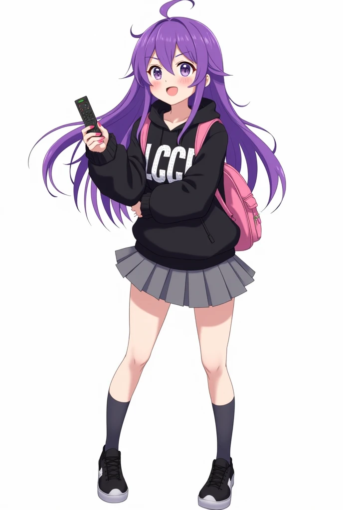 Teenage woman looking forward and purple hair standing in front and her legs and wearing black shoes and knee-length gray socks And black hooded poleron with white words Athletic-style font LCCP on her chest with and with the pink backpack and pink nails g...