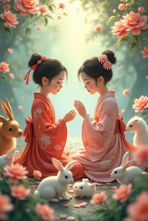 Anime beautiful twin girls and animals of the Chinese zodiac are together