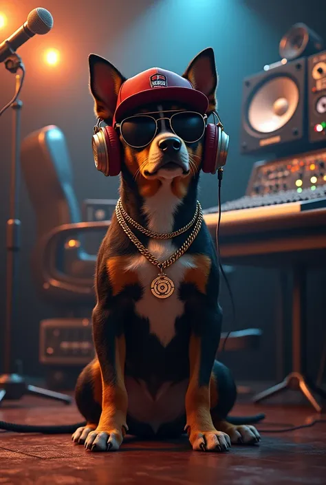 Dog with hip hop style in a music studio 