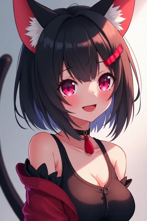 20 year old anime girl,  with a short,  straight black hair with a red tuft and who has two locks pulled back,  cat ears and tail ,  Dark Pink Eyes  ,Who wears sexy clothes and has a mischievous smile  