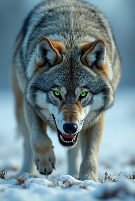 Angry Siberian wolf with green eyes