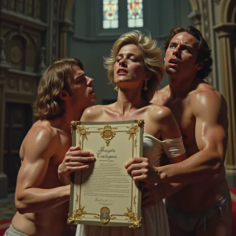 (photorealism:1.2), Princess Diana, messy hair, ripped dress, crying, held down onto a church altar by nude males in a medieval room. She is clutching a large fancy royal certificate with blue and gold decoration