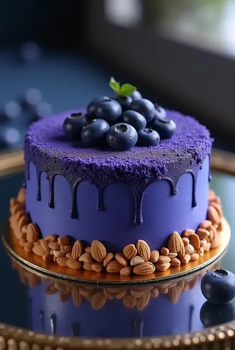 Fancy blueberries velvet cake, chop almonds on sides around cake, resting on glass and gold table