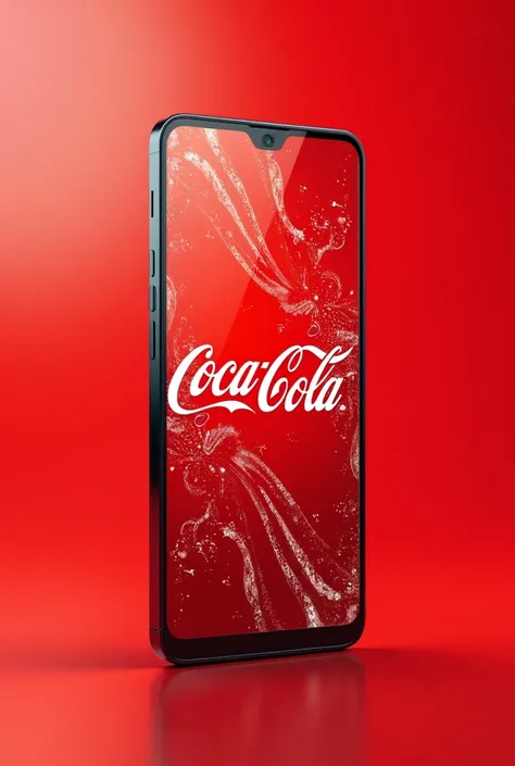 create an image of a cell phone with a coca cola wallpaper in the background
